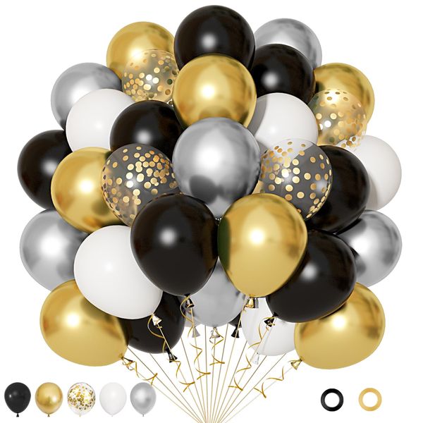 72Pcs Black and Gold Balloons Set, Black White Gold Balloon 12 Inch Silver Metallic Confetti Balloons Party Supplies for Happy New Year Birthday Bridal Shower Wedding Graduations Party Decorations