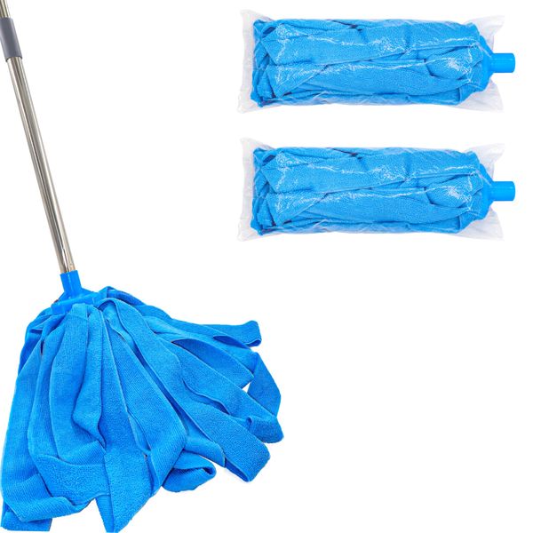 Screw On Microfiber String Mop, One Stainless Steel Pole + Two Blue Microfiber Cloth Mop Heads