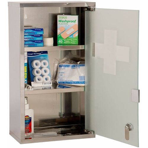 Yorkshire Homeware Stainless Steel Wall Mounted Lockable Medicine Cabinet First Aid Box Storage Shelves, Bathroom, Furniture Frosted Glass Door (3 Tier Medicine Cabinet)