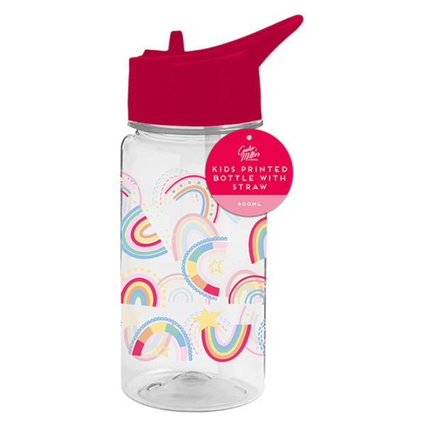 Rainbow Printed Plastic Water Bottle 400ml With Straw BPA FREE Girls Kids School