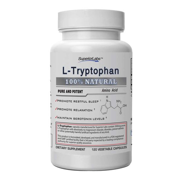 Superior Labs – Pure L-Tryptophan – 500mg, 120 Vegetable Capsules – Non-GMO Dietary Supplement for Restful Sleep & Relaxation – Supports Feelings of Well Being and Healthy Circulation Circulation