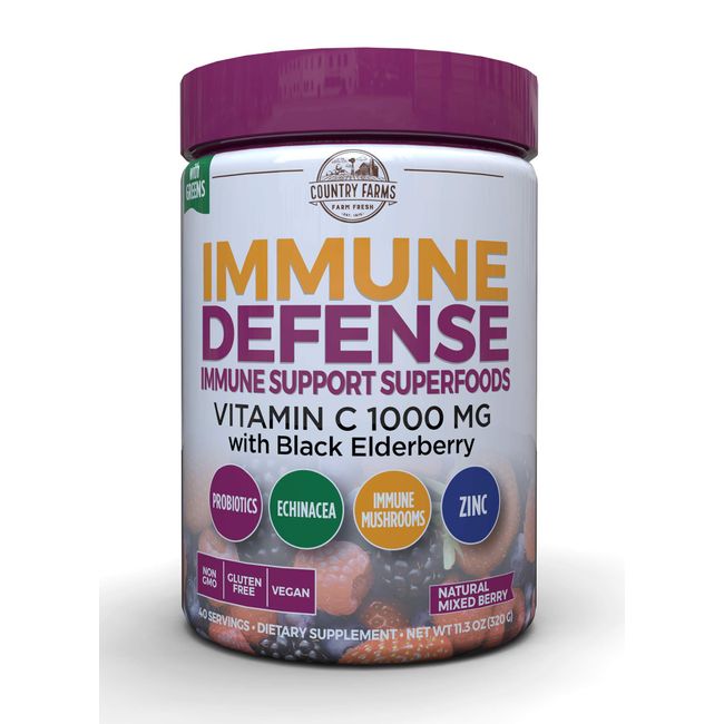 Country Farms Immune Defense Superfoods Drink Mix, Supports Immune Defense, Vitamin C with Black Elderberry, Supports Hydration, With Probiotics and Prebiotics, Berry Flavor, 40 Servings