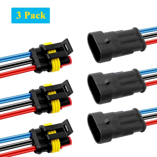 HYAT 3 Sets Car Waterproof Electrical Connector,18 AWG 3 pin Plug Auto Electrical Wire Connectors Marine for Car, Truck, Boat, and Other Wire Connections.(3 Sets)