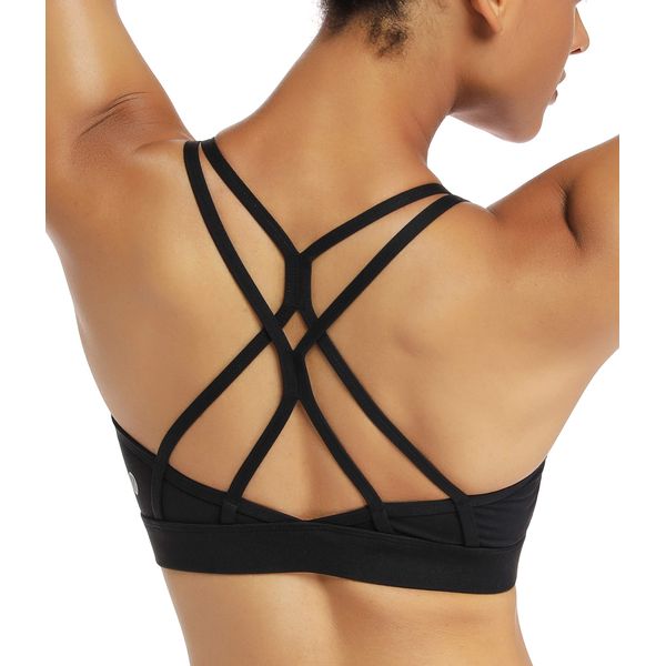 RUNNING GIRL Strappy Sports Bra for Women Sexy Crisscross Back Light Support Yoga Bra with Removable Cups (Black, CN:L/US:M【Fit for 34D 34C 36B 36A】)