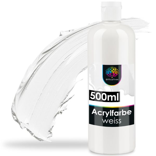 OfficeTree Acrylfarbe Weiß 500ml - Acrylfarbe Wasserbasis Weiß - White Acrylic Paint für Acrylmalerei, Hobbykünstler - Weiße Acrylfarbe Wasserfest Ideal zum Mischen