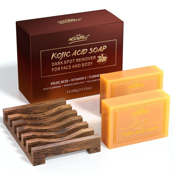 Kojic Acid Soap Dark Spot Remover for Face and Body Lightening Moisturizing Even out Tone Skin Turmeric Soap for Acne Dark Spots Blackheads 2x100g Soaps, 1pc Mesh Soap Pouch and 1pc Wooden Soap Holder