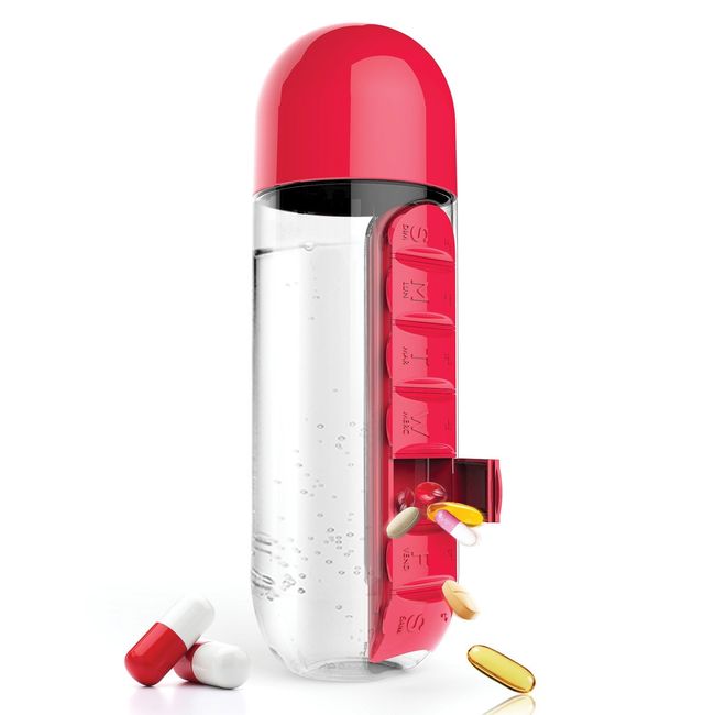 Asobu 600 ml in Style Integrated Travel Bottle and Pill Organiser Red, 7.6x7.6x23.5 cm