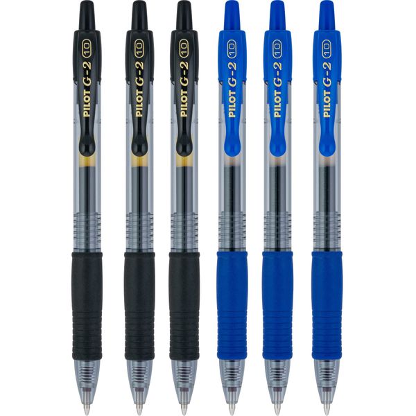 Pilot G2 pens retractable Gel Roller ballpoint Bold pt 1.0 Black & Blue Bundle, (6 COUNT)