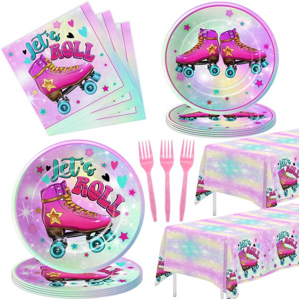 APOWBLS Roller Skate Birthday Party Supplies For Girl - Roller Skating Party Supplies Tableware, Paper Plates, Napkins, Tablecloth, Forks, Let's Roll Roller Skate Birthday Party Decorations | Serve 24