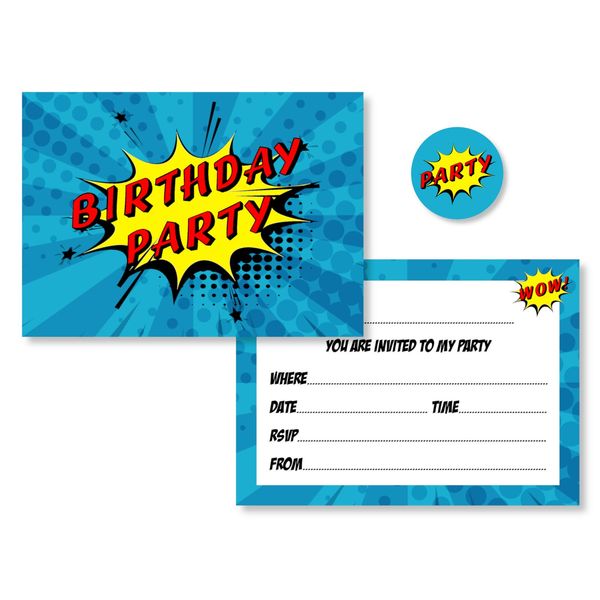 32 x Comic Superhero Style Birthday Party Invitations Inc Yellow Envelopes & Stickers