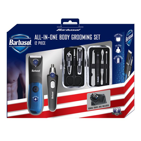 Barbasol Grooming Kit for Men, 12 Piece Men’s Grooming and Manicure Travel Set, Includes Trimmer Clippers, Nose & Ear Trimmer, 2 Nail Clippers, Cuticle Scissors, File, and More, Perfect for Travel