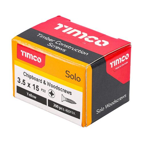 TIMCO Solo Chipboard & Woodscrews - Gold - 3.5 x 15 - Box of 200 - A single thread woodscrew mainly used in various types of timber and man-made boards or into masonry with the use of plastic plug