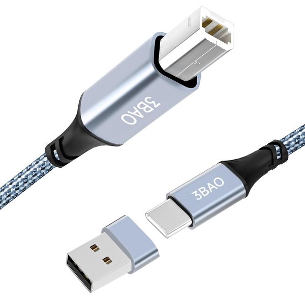 3BAO USB B to USB C Printer Cable 2m （6.6 FT ） with USB A to USB C Female Adapter,USB C to USB-B Compatible with MacBook Pro/Air, Yamaha Piano Keyboard, DAC, iPad DJ Controller MIDI Cable