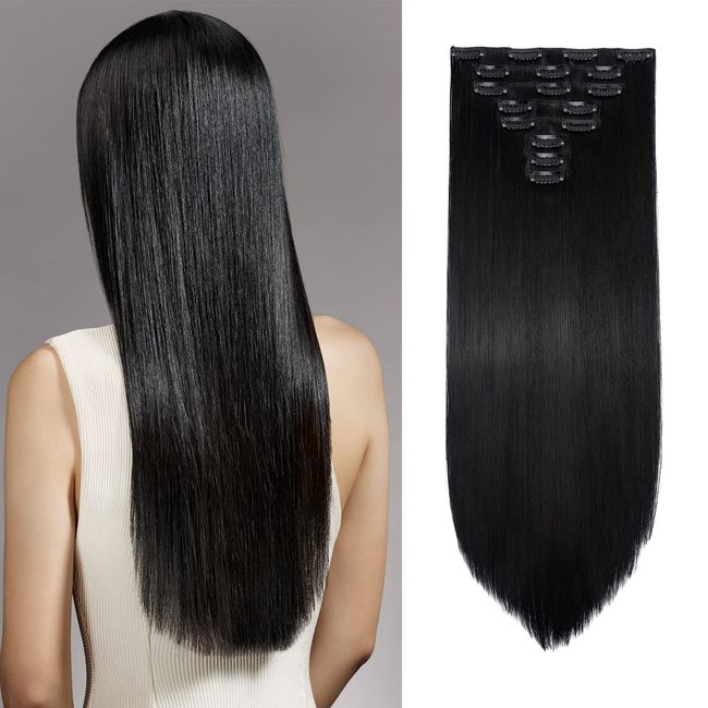 Cybelleza 60cm Clip in Extensions Haarverlängerung 8 Teile Clip in Haarteil Kunsthaare Glatt Synthetische Haare Clip in Haarextension Voluminös Natürlich Lang haarverdichtung, Schwarz