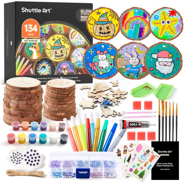 Kids Wood Painting Craft Kit, Glow-in-the-Dark Paint and Diamond Painting on Wood Slices with Stickers & Wiggle Eyes, Ideal Arts and Crafts for Kids Ages 5-12, Gifts for Halloween, Christmas, Birthday