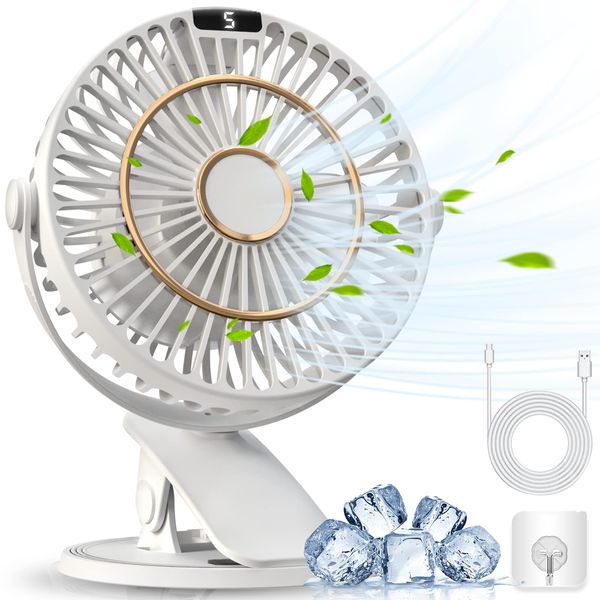 COZII Clip on Fan Rechargeable, Mini USB Desk Fan Silent with 5 Speeds LED Display - 720° Rotatable Powerful Table Fan, 3 in 1 Portable Small Fan for Office, Bedroom, Study, Camping