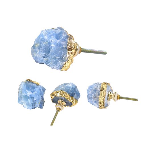 AMOYSTONE Blue Crystal Stone Knobs for Cabinets, Natural Stone Drawer Pulls 4PCS Blue Calcite Crystal Drawer Pulls Knobs with Gold Foil, Rock Irregular 1~1.5" (30-40mm) DIY Decoration