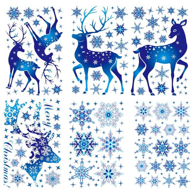 Lanito Christmas Stickers, Christmas Static Stickers, Christmas Reindeer Stickers, Snowflake Seals, Merry Christmas Stickers, Set of 5, Waterproof, Removable Store Decor, Window Stickers, Room Window Decoration