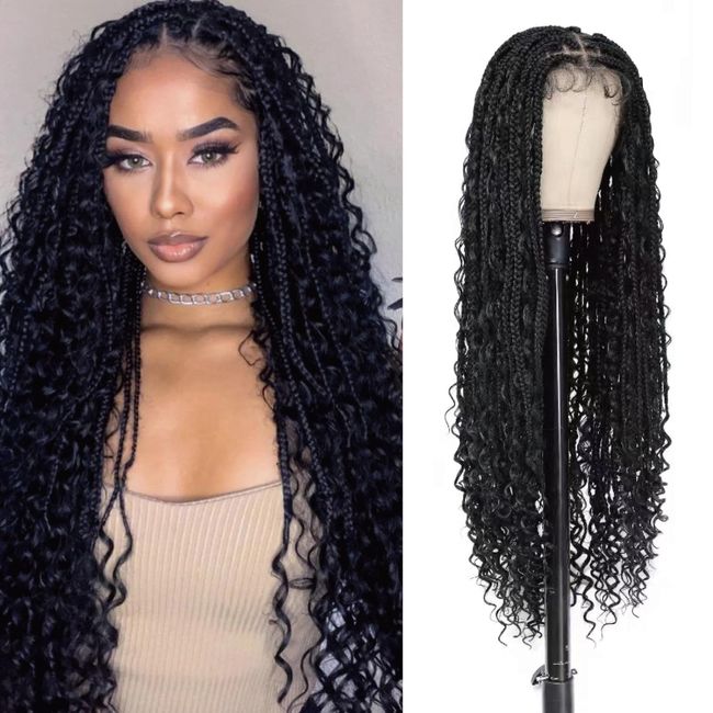 Yacurcur Boho Knotless Braided Wigs for Black Women Bohemian Box Braided Wigs Double Full Lace Braided Wigs with Baby Hair Synthetic Boho Braid Wig Natural Black 36Inch