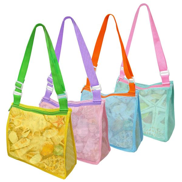 Kiddisie Beach Toys Mesh Beach Bag Kids Shell Collecting Bag Totes with Zipper for Holding Shells Beach Sand Toy for Boys and Girls Shell Bag for Picking Up Shells(Classic, A Set of 4)