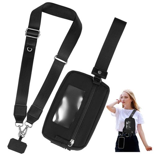 Clip & Go Phone Strap Crossbody with Wallet, 2 Pcs-Crossbody Lanyard with a Zipper Bag & Wrist Lanyard-1 Pad, Save Girls Phone Strap with Pouch, Universal Adjustable Neck Cellphone Holder (Black)
