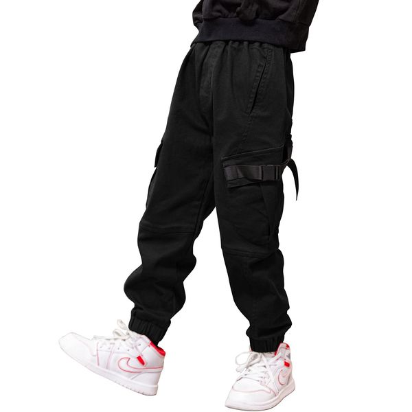 Boys Cargo Pants Cotton Casual Pants Elastic Waist Hiking School Uniform Sweatpants Joggers (Black, 14-16)