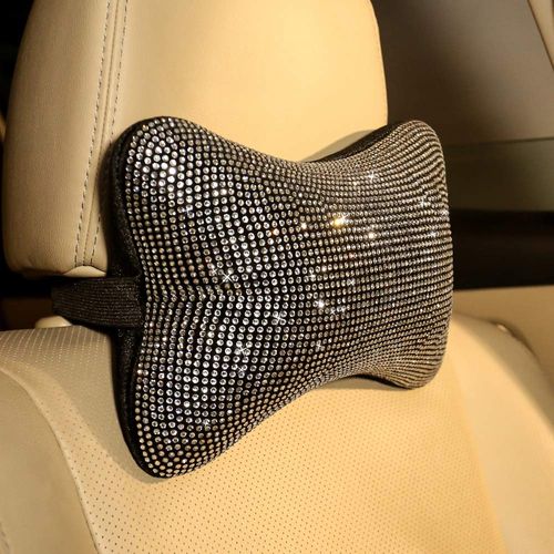 2 Pack Car Neck Pillow for Driving Seat Auto Headrest Cushion Head Rest Neck Support Relax Crystal Rhinestone Diamond Interior Bling Accessories for Women Girly Comfortable White