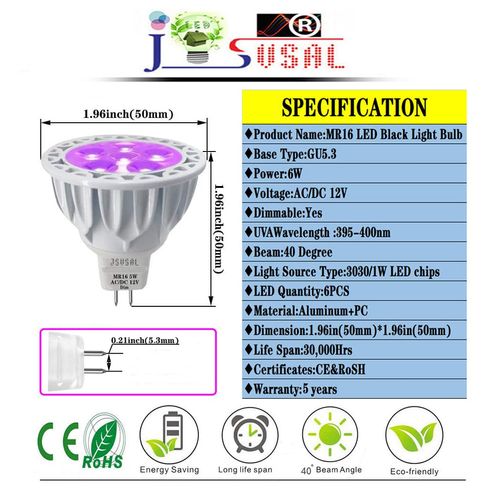 JSVSAL LED Black Light Bulbs,Dimmable,MR16 GU5.3 Base Blacklight,DC/AC 12V 6W,UVA Level 395-400nm,Glow in The Dark for Body Art Paint, Fluorescent Poster,Neon Glow Party,Holiday Decorations,2-Pack