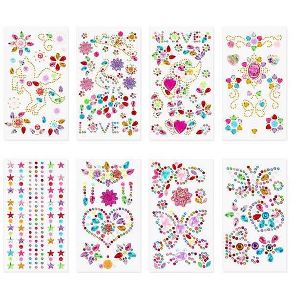 Amabro 8 Sheets Face Gem Stickers, Rhinestone Self-Adhesive Stick-on Makeup Crystal Glitter Stones Stickers Multi-Style Tattoos Stickers for Festival Party Face Nail DIY Baseball Cap Decoration