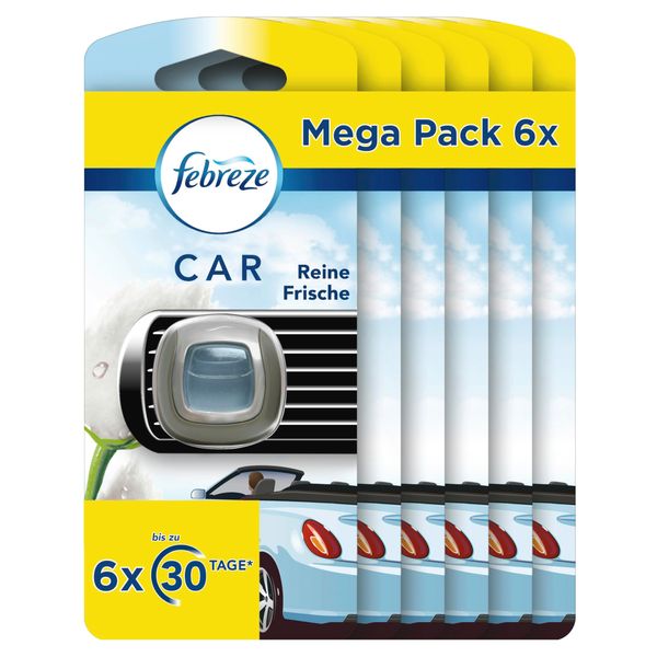 Febreze Auto Lufterfrischer, 1 Stück (6er Pack), Reine Frische, Auto Duft gegen Gerüche, { Verpackung kann variieren }, Autodufterfrischer, Alternative Zum Duftbaum, Duftspender
