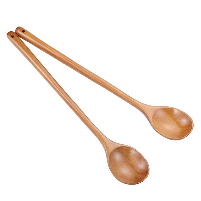 OUNONA Wooden Spoon, Long Spoon, Cooking Spoon, Curry, Simmer, Pot, Madras Spoon, Soup Spoon, Stirring Spoon, Kitchen Utensils, Pack of 2, Length 13.2 inches (33.5 cm)