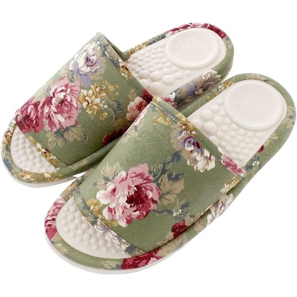 Funami Slippers, Rose Pattern, Green, Medium