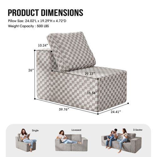 Hobestluk Single Sofa 1 Seat Couch with Deep Seat Memory Foam Cloud Chair with Pillows Large Sofa with L Shape for Living Room Bedroom (Plush Grey, Single)