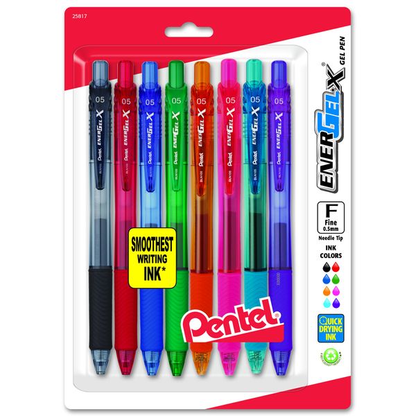 Pentel EnerGel-X Retractable Liquid Gel Pen, 0.5mm, Needle Tip, Assorted Ink, Pack of 8 (BLN105BP8M)