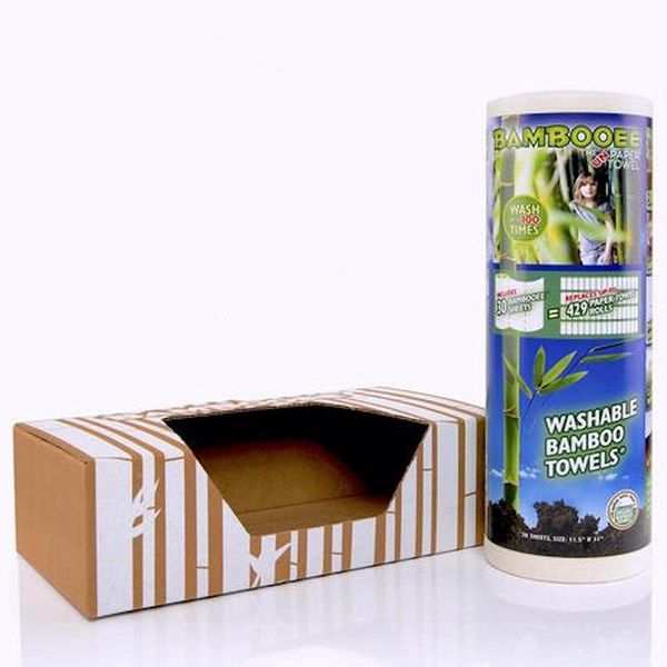 Bambooee Bamboo Towel Dispenser, 30 Sheet Roll, 1 Count, Paper Towel, Recyclable, Non-plastic, Water Resistant Coated Cardboard, Single Fold, 11" x 10.5", Paper Towels