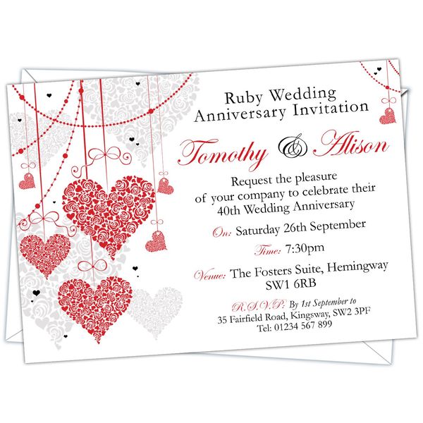 Personalised Ruby Wedding 40th Anniversary Invitations (Design Code: RWA 020) (Pack of 20)