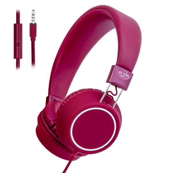 Olyre Kids Headphones, Foldable Headphones for kids,Boys,Girls Adjustable Headband, Wired Children Headphone with mic for School/Tablet/PC/Travel/Phone (Dark Red)