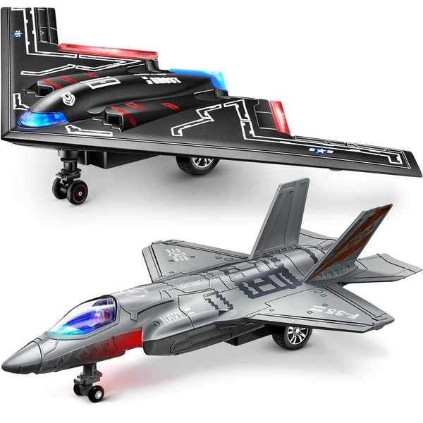 Geyiie Plane Toys for Kids, Diecast Airplane Toys Military Fighter Jet Toys with Led Light, Stealth Bomber Toy Aircraft Flying Toys for Boys Girls Party Favor Gifts, Outdoor, 2 Pack