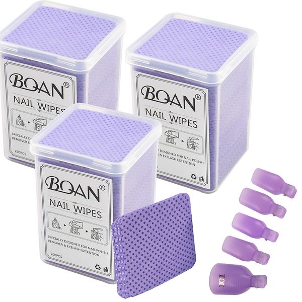 600 PCS Lint Free Nail Wipes, BQAN Nail Polish Remover Pads Pink For lash extensions & Nail Polish Bottle With 5PCS Nail Soak Off Clips (Purple)