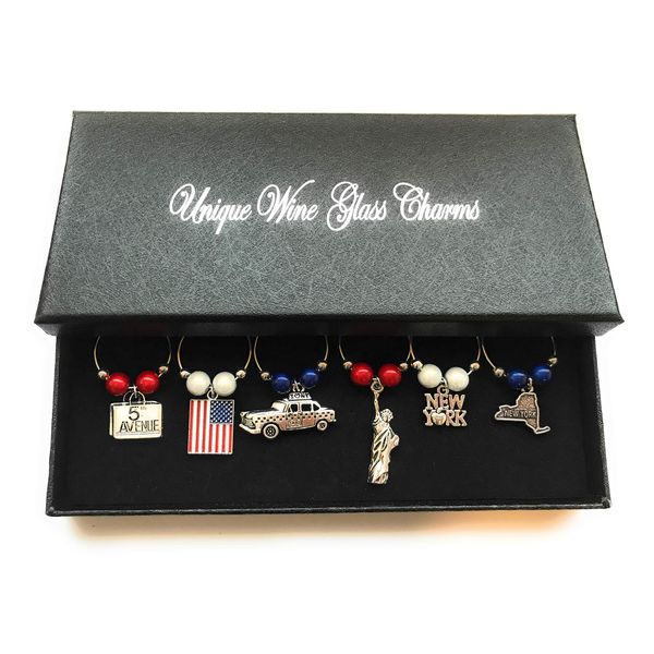 Libby's Market Place New York Design Wine Glass Charms with 3 Gift Options (Gift Box)