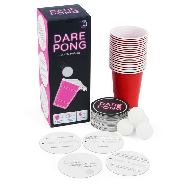 Prezey Dare Pong - Drinking Game for Adults, Bachelorette Party Games, Adult Party Games - Full Beer Pong Set and 50 Coasters with Dares - Perfect for Couples Games, Girls Night Games