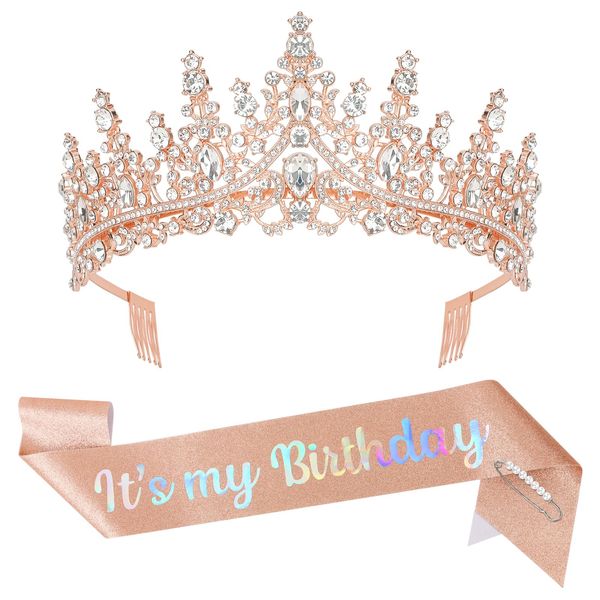 BAHABY It's My Birthday Sash & Rhinestone Tiara Set Princess Birthday Sash and Tiara for Women Birthday Decorations Rhinestone Headbands for Women Girls (Rose Gold)