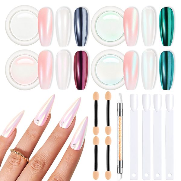 Modelones Chrome Nail Powder Set -4Pcs Pearl Chrome Nail Powder, 1Pcs Silicone Nail Brush, 4Pcs Cotton Swabs and 4Pcs Color Display Sticks, Chrome Powder For Nails