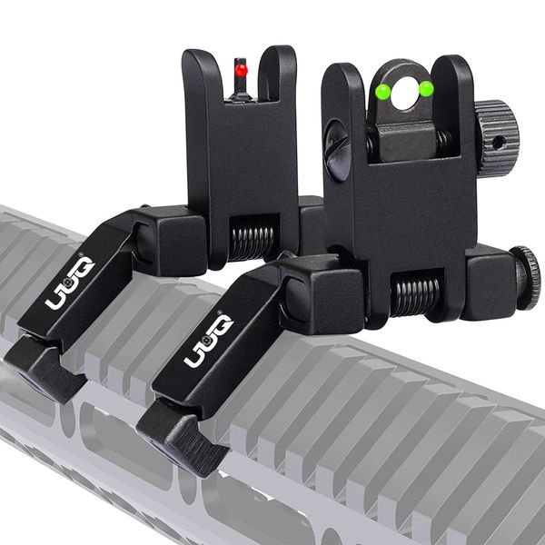 UUQ 45 Degree Offset Fiber Optic Iron Sights,Flip Up Front Rear Sites with Red&Green Dot,BUIS Backup Sight Set for Airsoft Gun, Tool-Free Adjustable Front Sight Rapid Transition,Fits Picatinny Rails