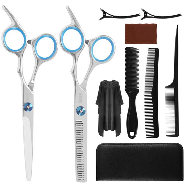 SCEDREAM 10 PCS Hair Cutting Scissors Kit Professiona Set Haircut Scissors with Thinning Scissors, Cutting Scissors, Comb, Cape, Clips, Leather Bag, Hairdressing Shears Set for Barber, Salon, Home