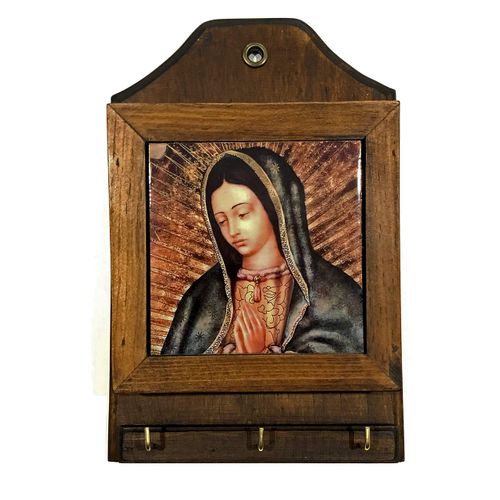 Our Lady of Guadalupe Wall Mounted Wood Keychain Mail Holder with 3 Key Hooks