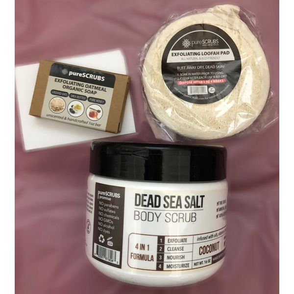 pureSCRUBS Coconut Dead Sea Salt Body Scrub + FREE Spoon, Loofah & Soap( New)