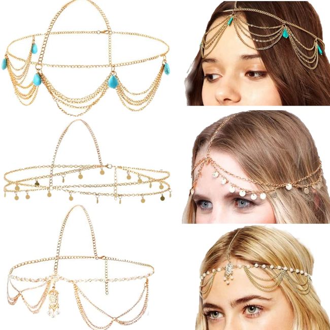 KARLOR 3 Stücke Kopfschmuck Gold Kopfkette Haarskette Boho Stirnband Münzen Perlen Quaste Pailletten Prinzessin Haarband Hochzeit Fest Party Halloween Cosplay Haarschmuck Damen Mädchen(Prinzessin Set)