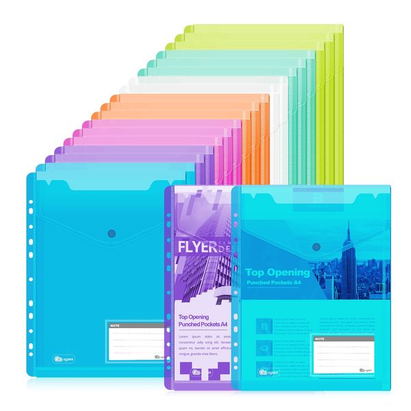 Agoer 20PCS Dokumententaschen A4 Abheftbar, 7 Farben Dokumentenmappe A4 zum Abheften mit Druckknopf, Transparent Dokumentenhüllen mit 11 Lochrand und Etikettentasche für Mappen Ordnersystem