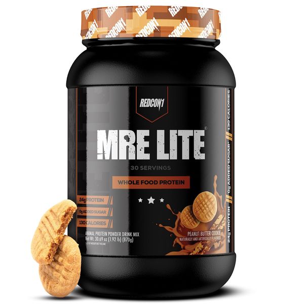 REDCON1 MRE Lite Whole Food Protein Powder, Peanut Butter Cookie - Low Carb & Whey Free Meal Replacement with Animal Protein Blends - Easy to Digest Supplement Made with MCT Oils (30 Servings)